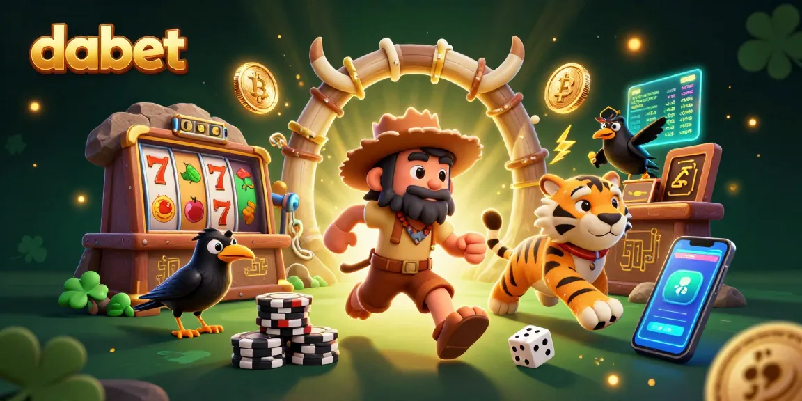 Engage with dabet's vibrant prehistoric casino scene featuring a caveman, sabertooth tiger, and crypto elements.