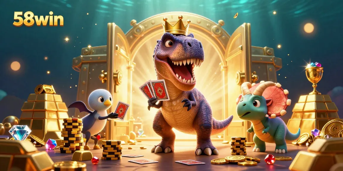 Experience lively gaming at 58win with a playful dinosaur scene full of cards and chips.