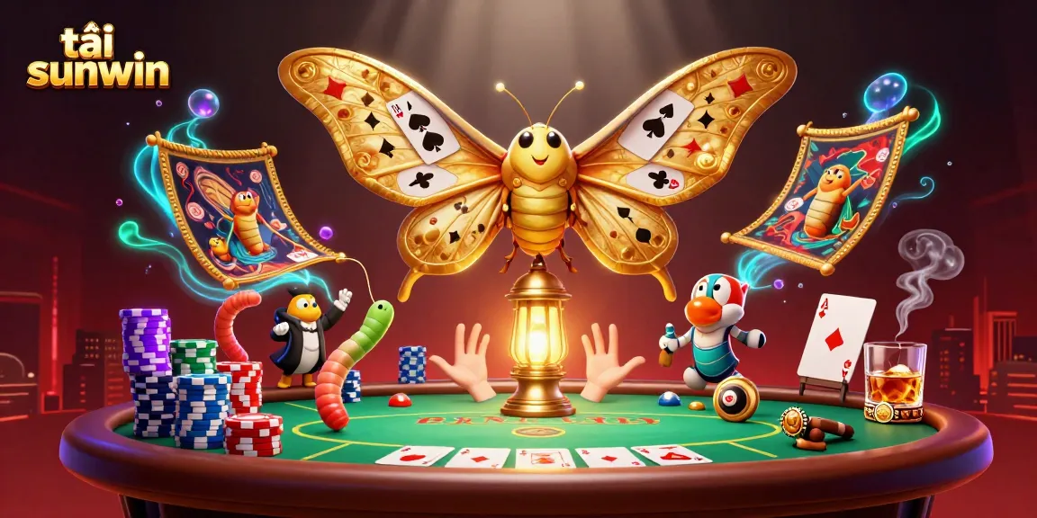 Experience the excitement of tải sunwin with this vibrant 3D casino illustration of golden moths and poker elements.