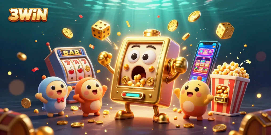 Experience the excitement of 3WIN with a joyful golden slot machine winning coins in a vibrant casino scene.