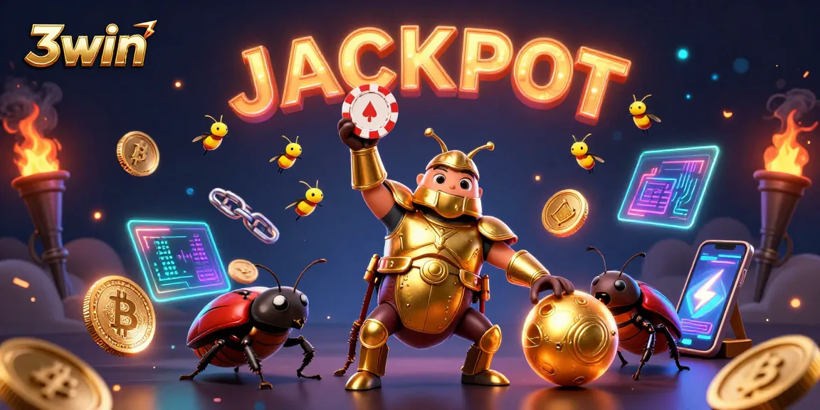 3win offers vibrant 3D casino experience with beetle characters celebrating jackpot victory.