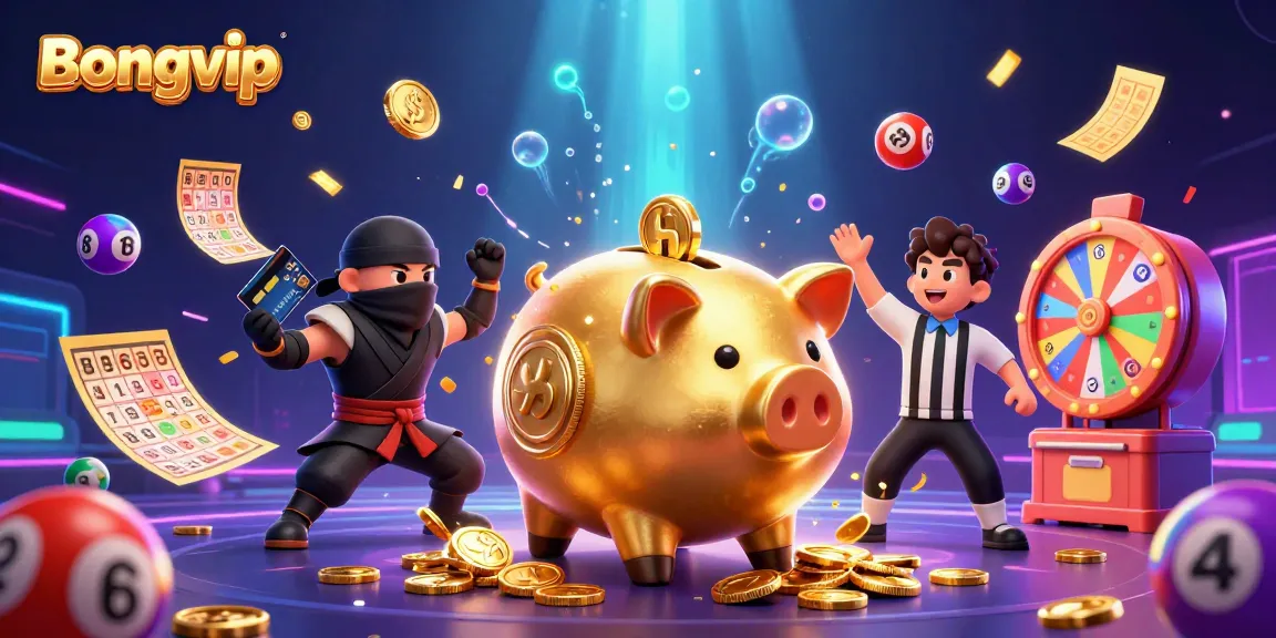 Bongvip's vibrant 3D scene showcases a golden piggy bank sumo wrestler alongside a ninja and referee, amidst a thrilling gambling setting.
